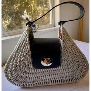 Kate Spade Ivory Navy SANTIAGO ALEK PLANTATION WICKER BAG Handbag